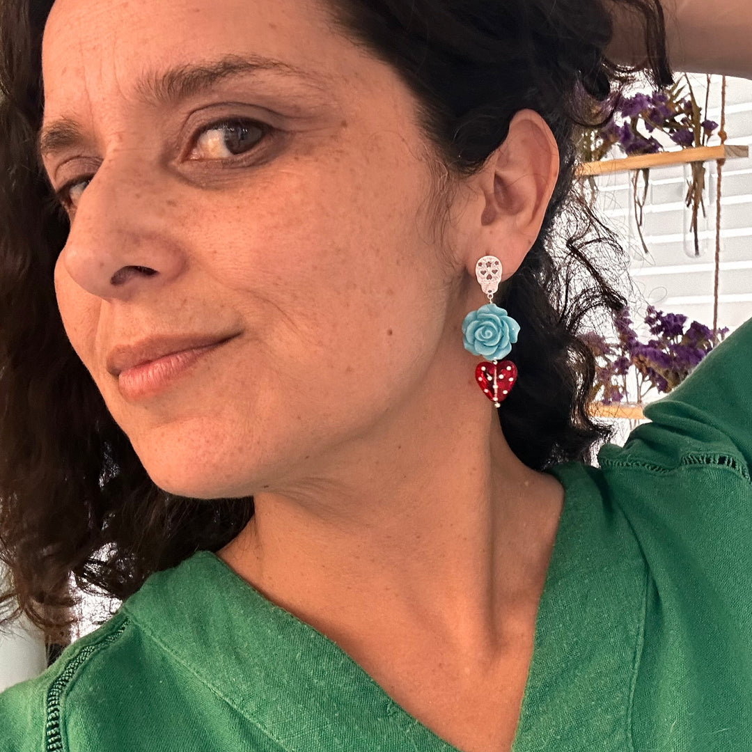 Aros Rosa, corazón y Calaca de Plata. Colección Tutti Frutti