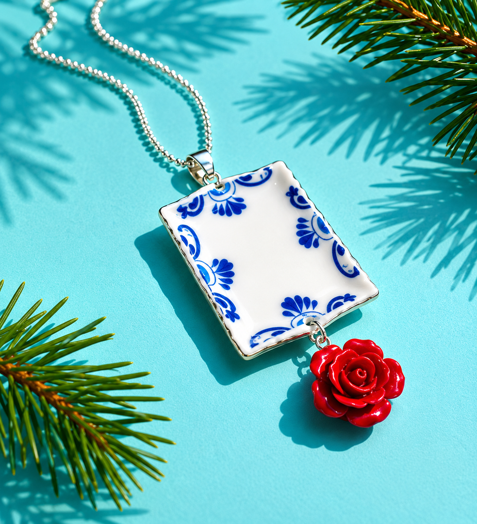 Collar de plata con rosa y miniatura de cerámica