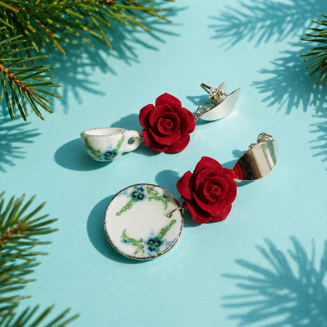 Aros Hojas de plata,Rosas y tazas