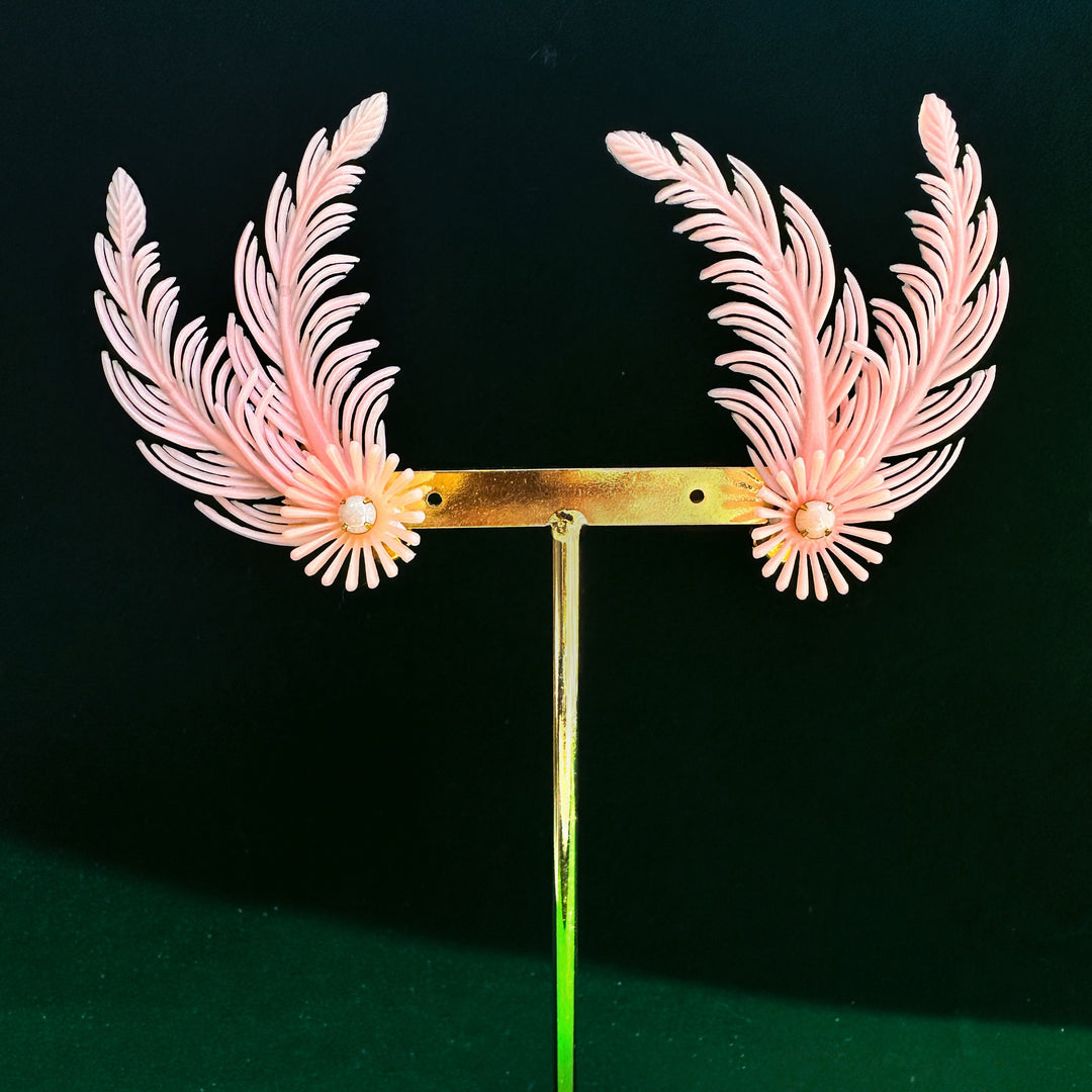 Aros Clip Plumas Florales Dobles Rosados. Años 60