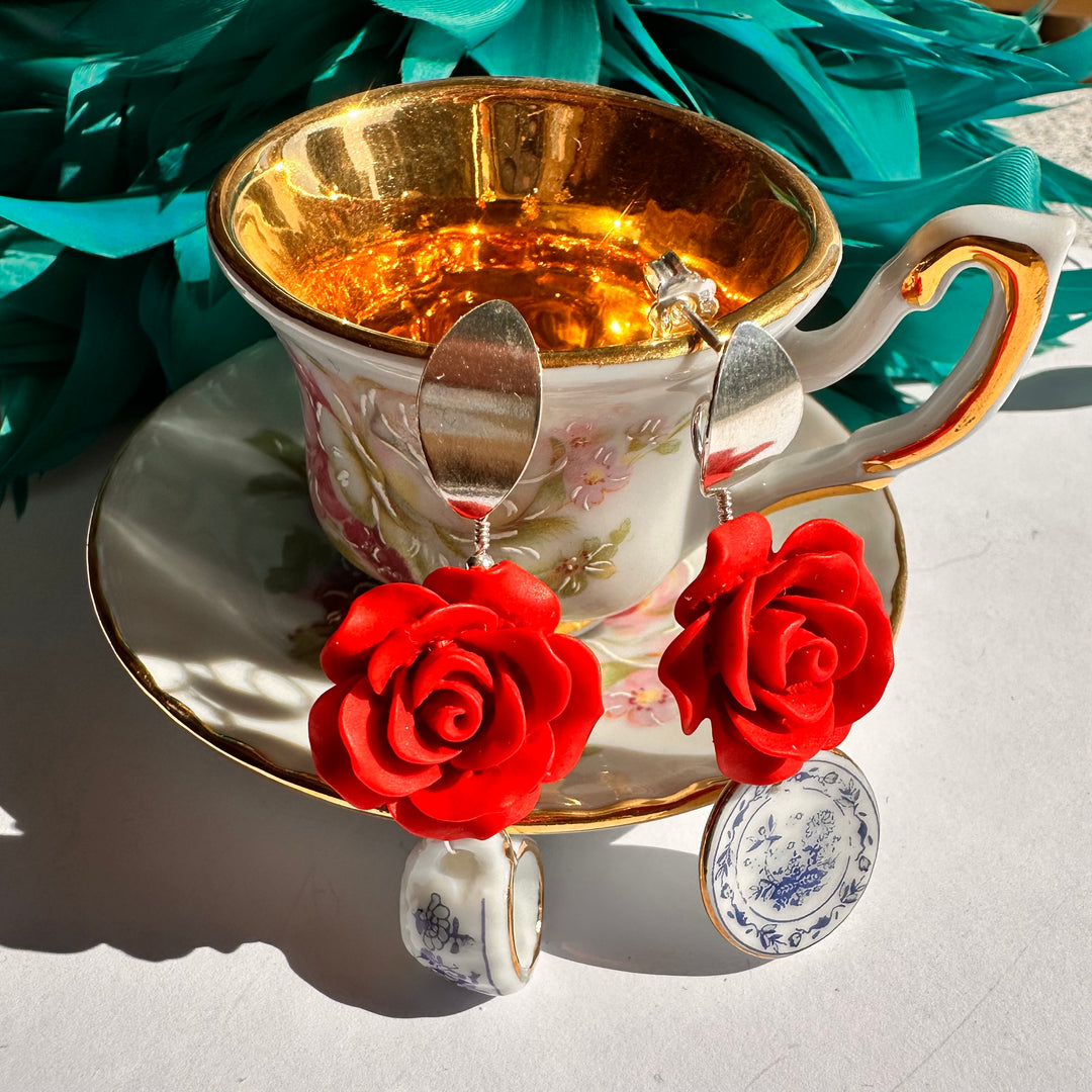 Aros Hojas  de plata,Rosas y tazas