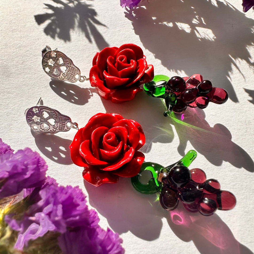 Aros Tutti Frutti con Rosa, uvas y Calacas de Plata