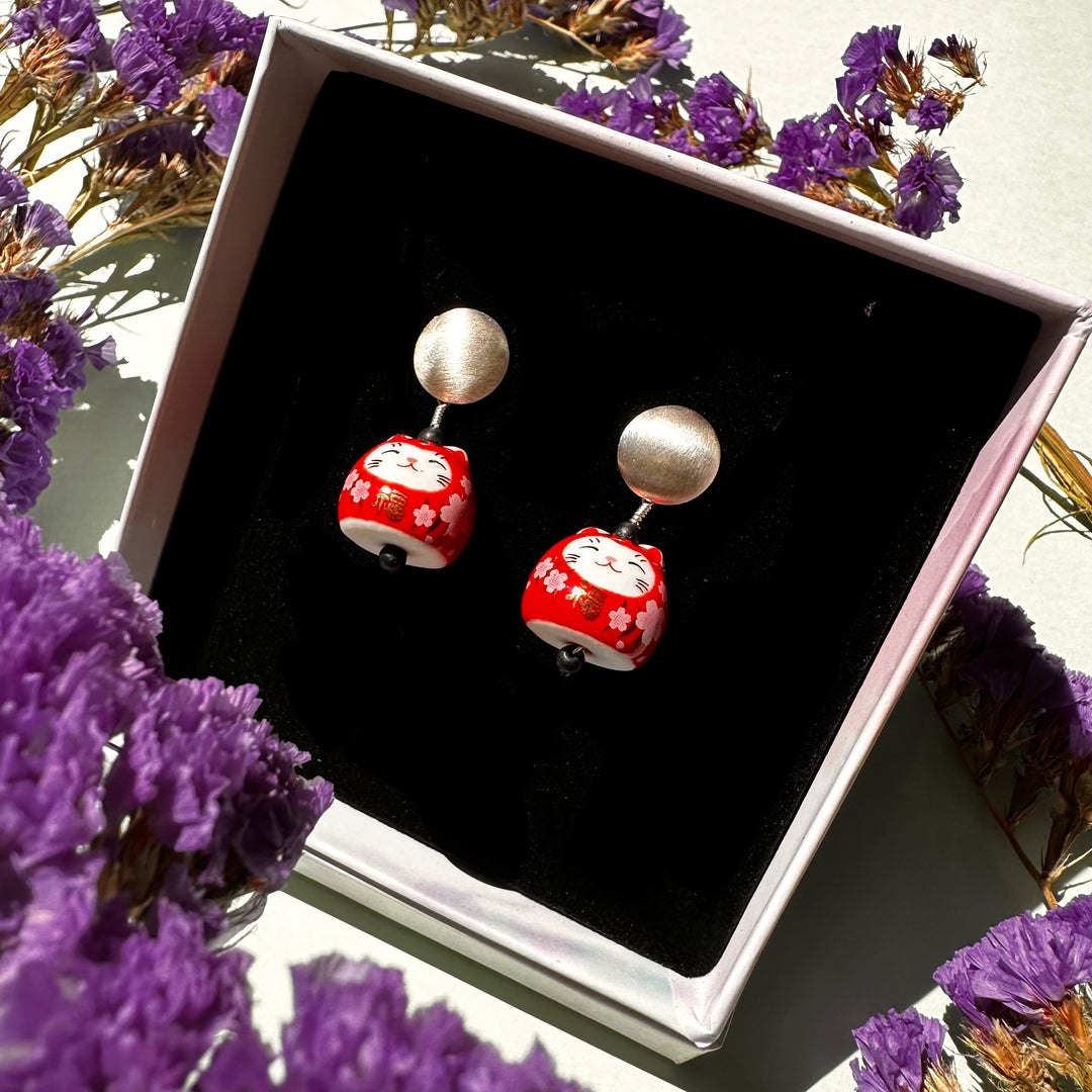 Aros Gato de la Fortuna Rojos y Plata