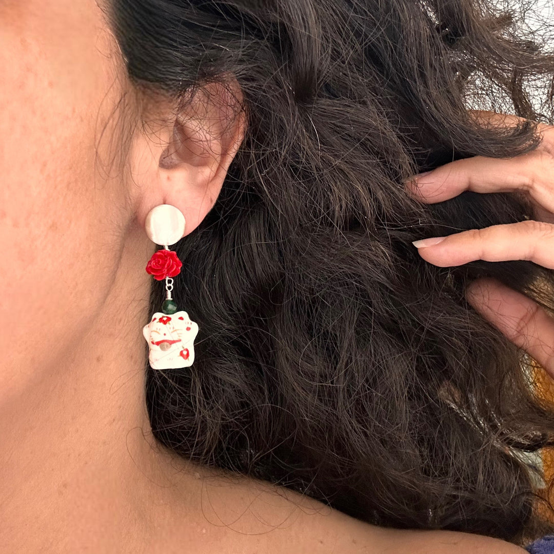 Aros Gato de la Fortuna Blancos Rosas y Plata