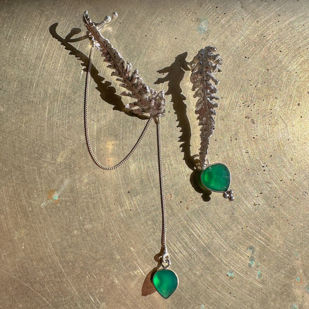 Silver fern earrings with cuff and chain