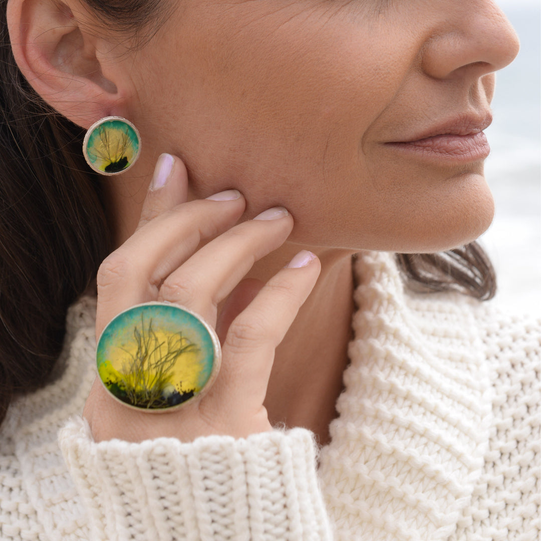 Turquoise Wetland Ring Adjustable Silver and Gold Folia