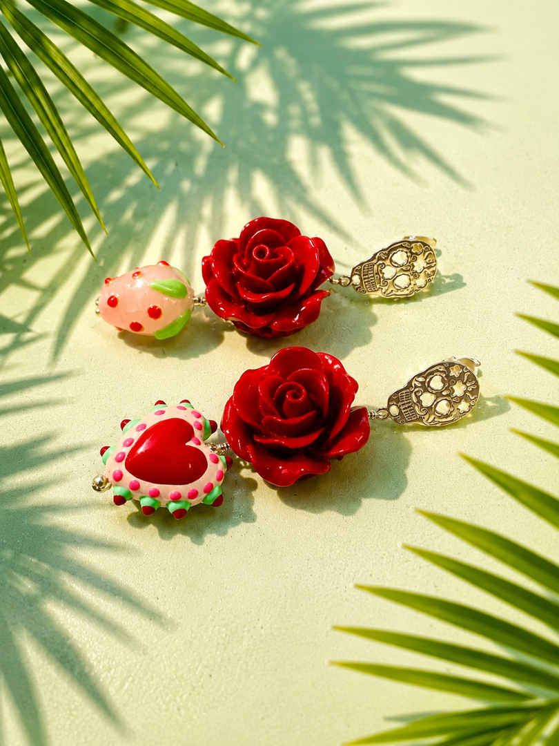 Aros Rosas, corazón , frutilla y Calaveras Plata 925. 5cm
