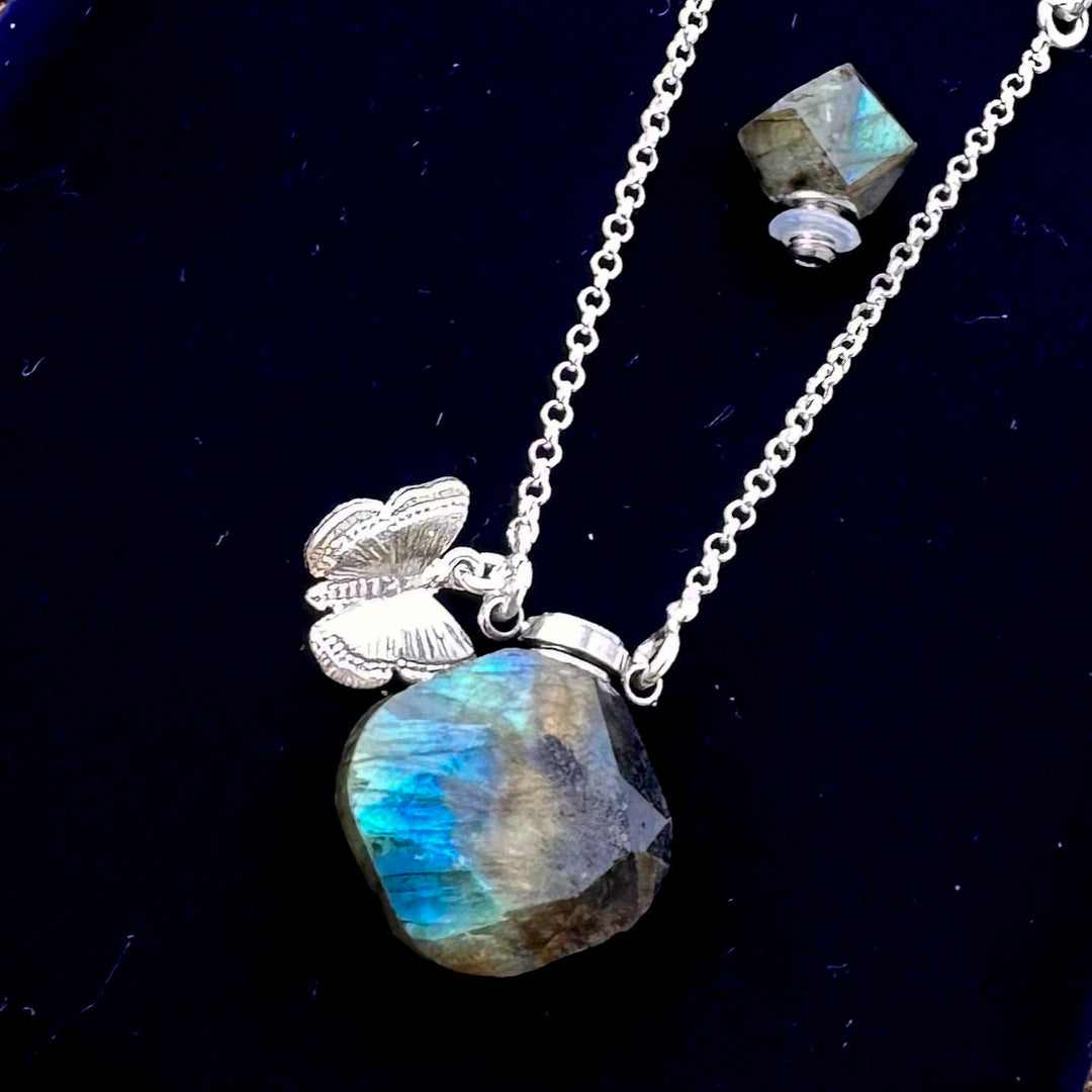 Faceted natural Labradorite perfume bottle and silver garden. Only