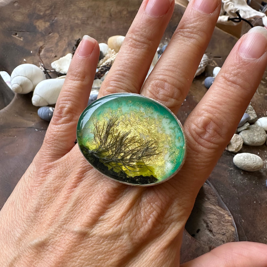Turquoise Wetland Ring Adjustable Silver and Gold Folia