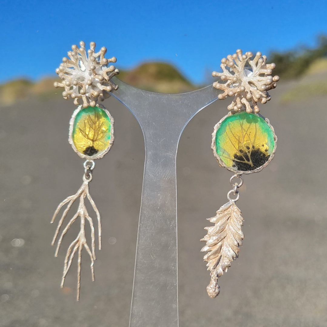 Turquoise Botanical Assembly Earrings. Silver and Folia Gold
