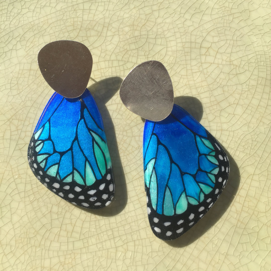 Illustration Earrings Morpho Butterfly Wings with Silver Finger