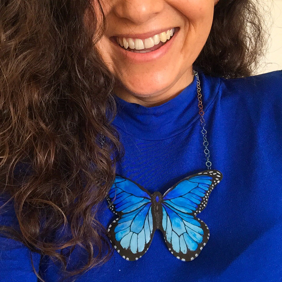 Morpho Butterfly Illustration Necklace with adjustable silver chain