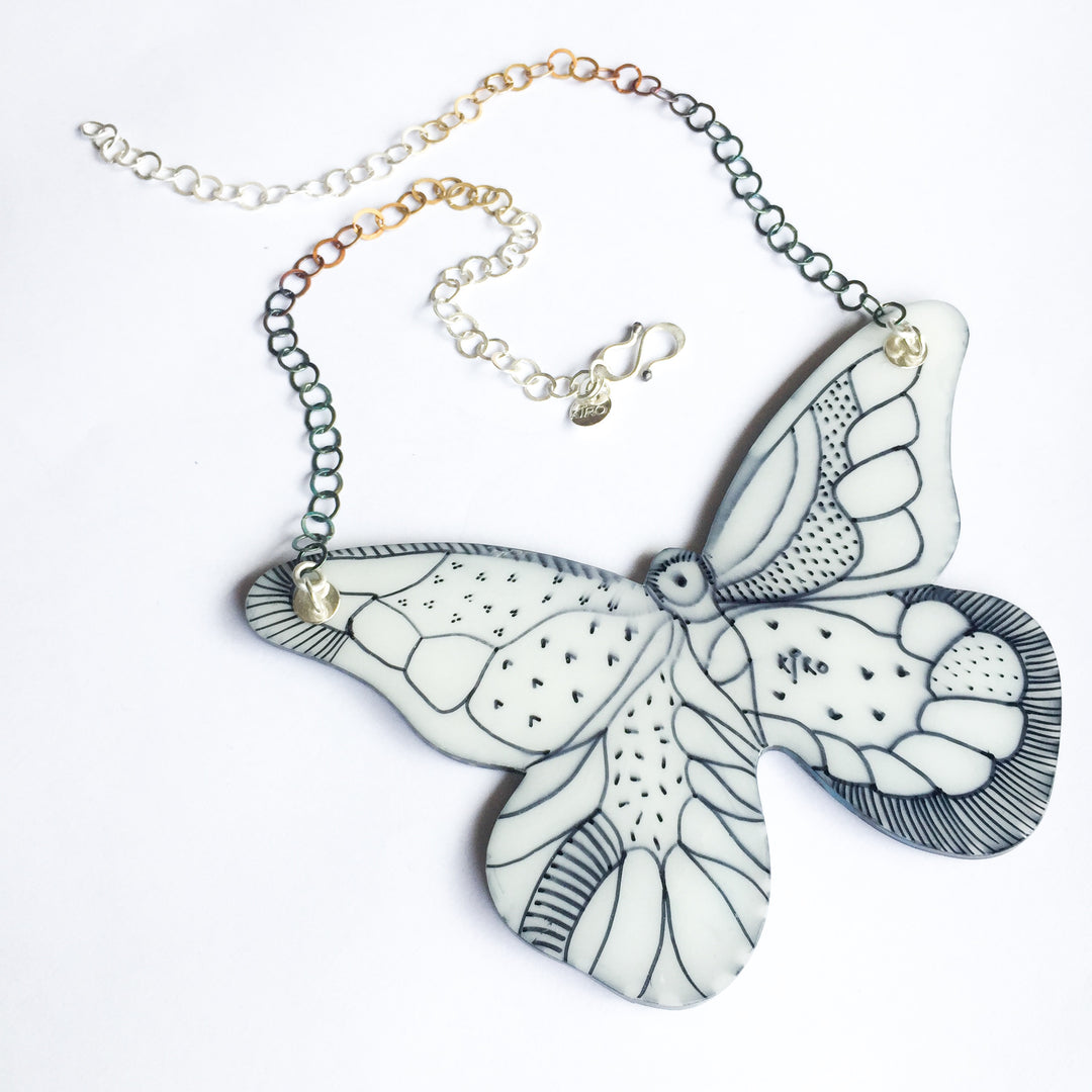Morpho Butterfly Illustration Necklace with adjustable silver chain