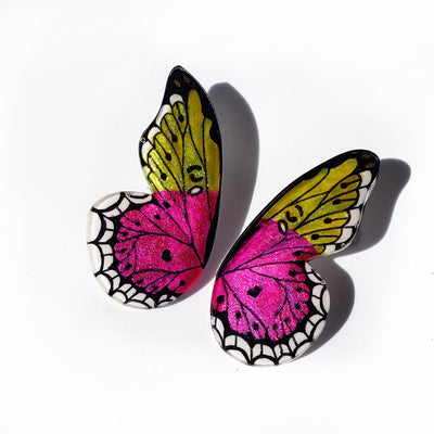Aros Ilustración Media Mariposa M Fucsia y Verde con Pin