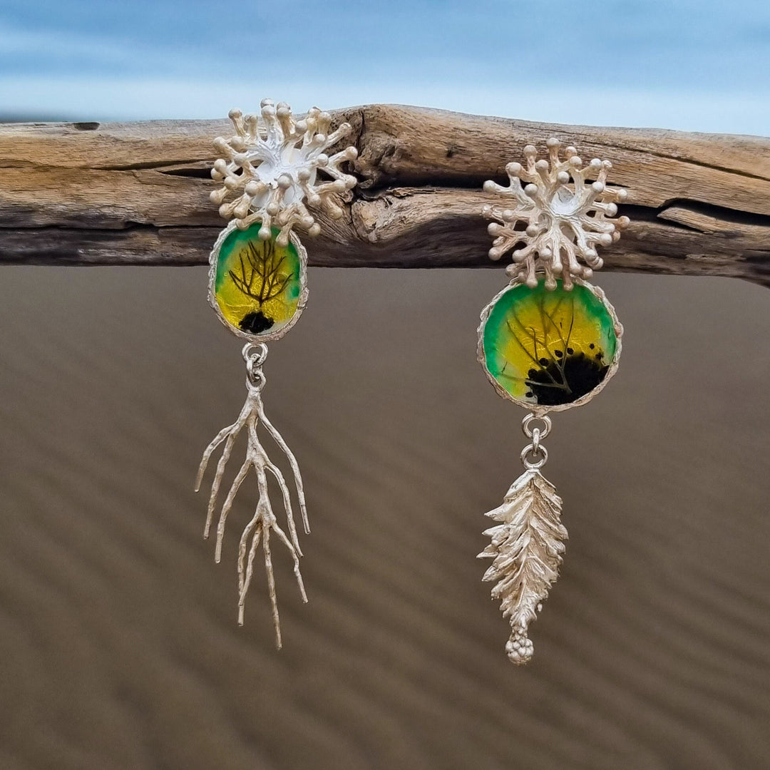 Turquoise Botanical Assembly Earrings. Silver and Folia Gold