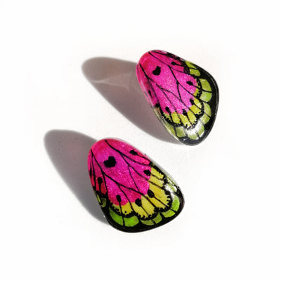 Aros Ilustración Mini Alitas Mariposa Fucsia y Verde con Pin