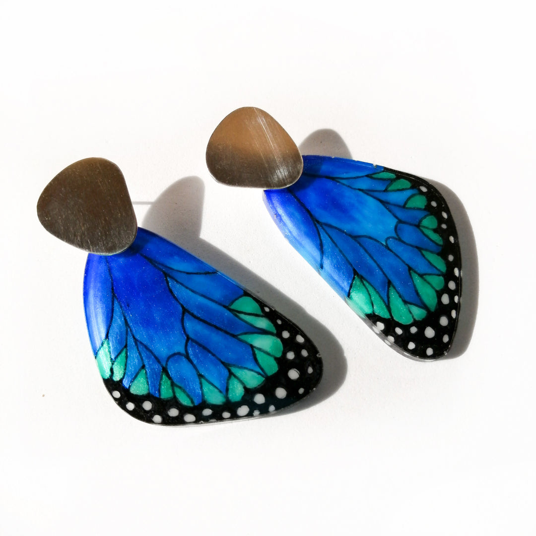 Illustration Earrings Morpho Butterfly Wings with Silver Finger