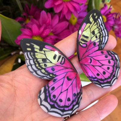 Aros Ilustración Media Mariposa XL Fucsia y Verde con Pin